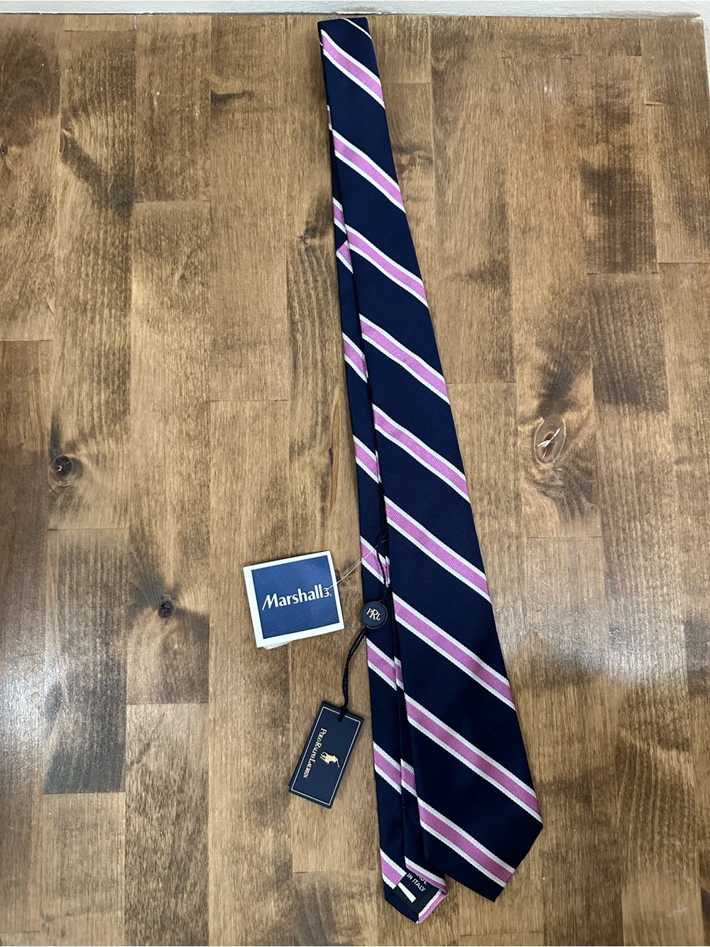 Ralph Lauren Navy Tie with Purple and White Diagonal Stripes
